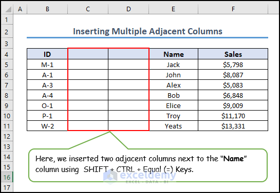 7- inserting multiple adjacent columns by using keyboard shortcut in Excel