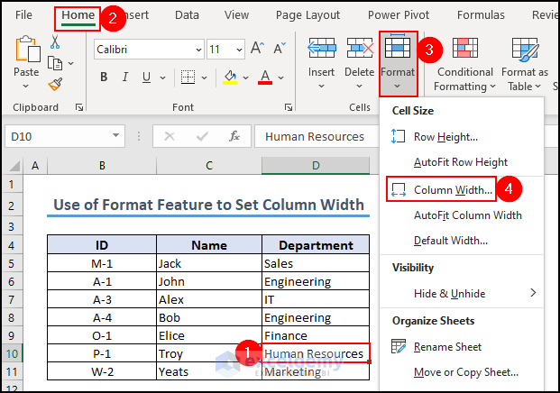 7- selecting column width option from format to set cell size numerically