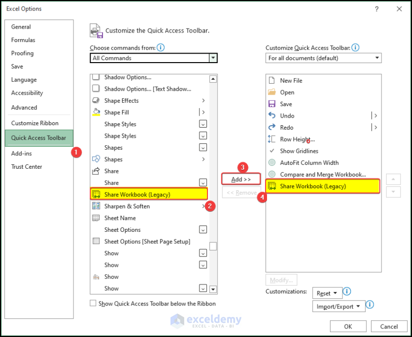 Addition of the Share Workbook (Legacy) command