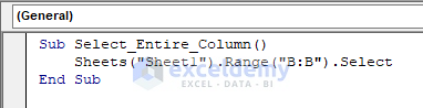 Insert code to select column B with Excel VBA Range function