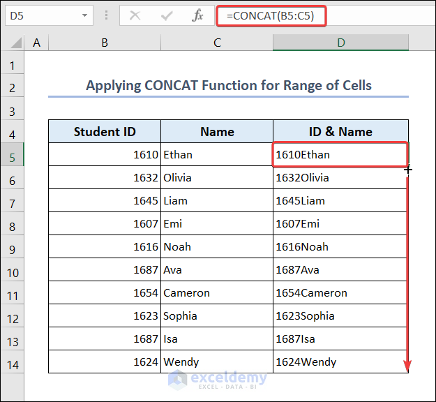A Range of Cells Joined with CONCAT Function