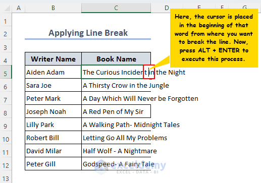 Placing the cursor to break the line to fit long text in one cell in excel