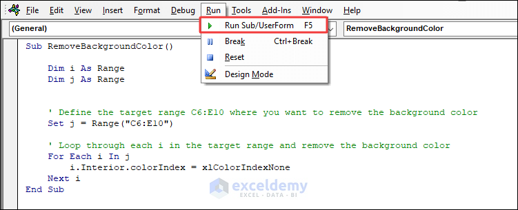 VBA code to clear background colors