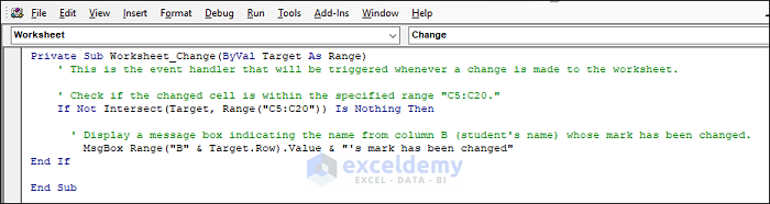 VBA code to run macro when a cell value in a range is changed