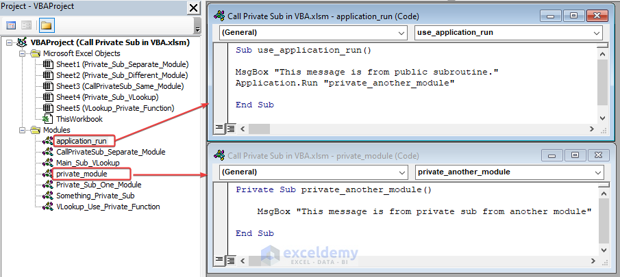 Code to use application.run to call private sub from another module
