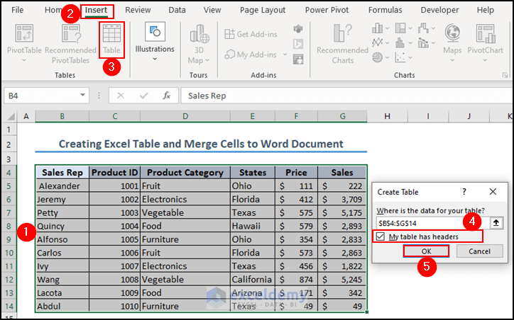 8- creating an Excel table from the dataset and merge it into the document