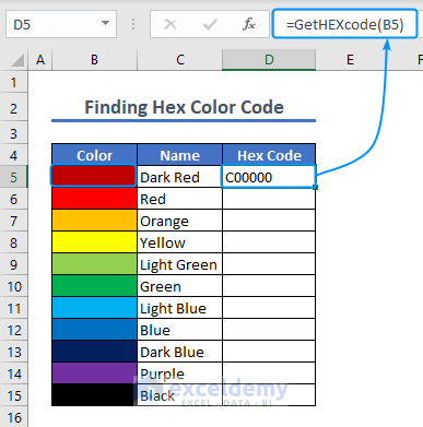 using a custom formula to get the hex code for the color in Excel