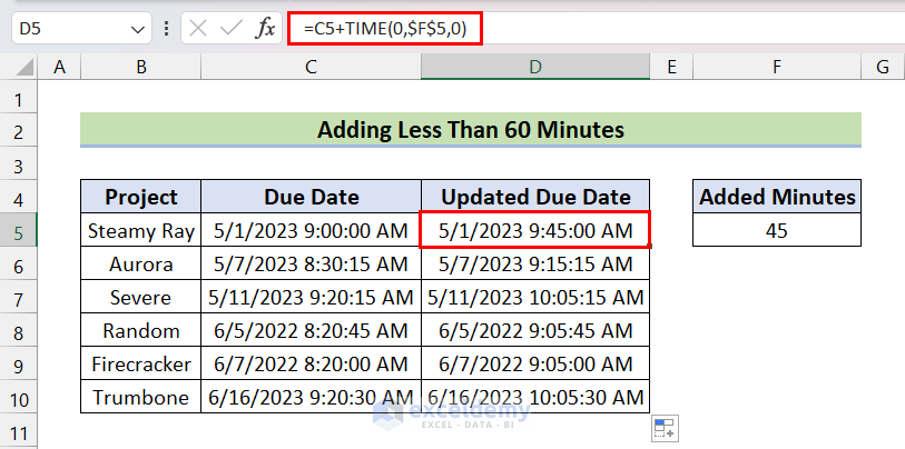 Add Less Than 60 Minutes Time in Excel
