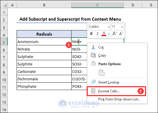 Accessing Context Menu to add Subscript