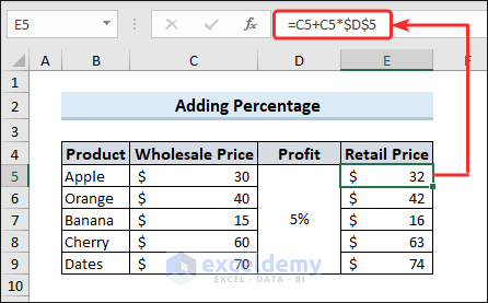 Add percentage in Excel