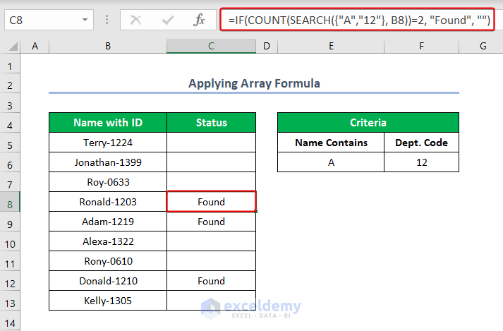 Applying Array Formula for Partial Match in Excel