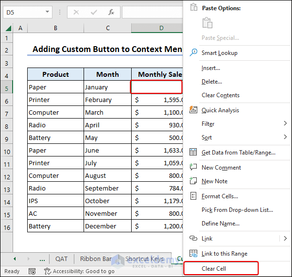 Custom button in context menu in Excel