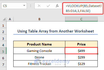 Final result using the VLOOKUP function to search for the value from a different worksheet