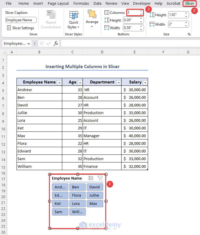 Insert multiple columns in the slicer in Excel
