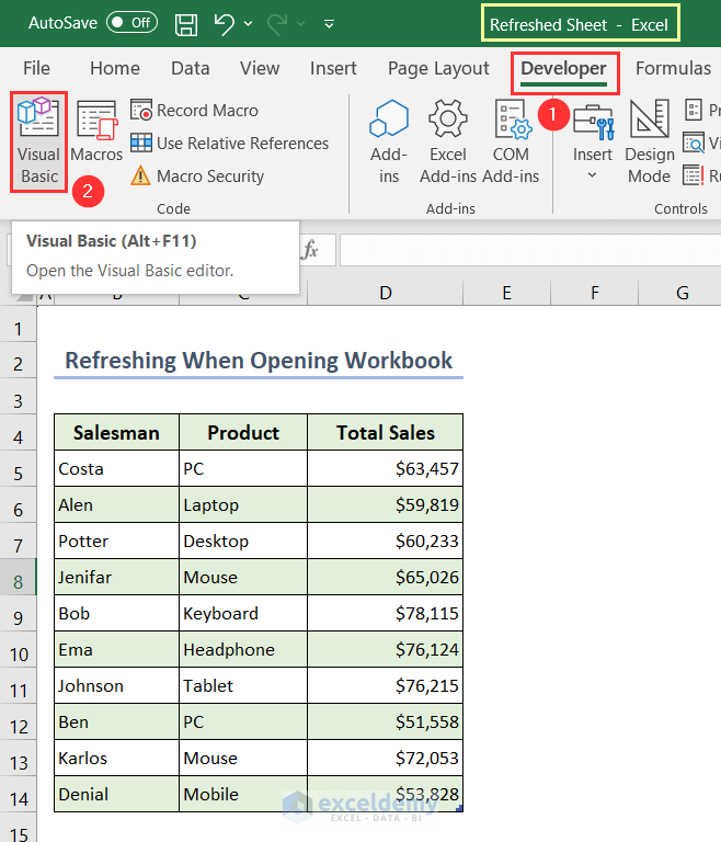 Opening Visual Basic window from Developer tab to use Excel VBA to refresh all data connections