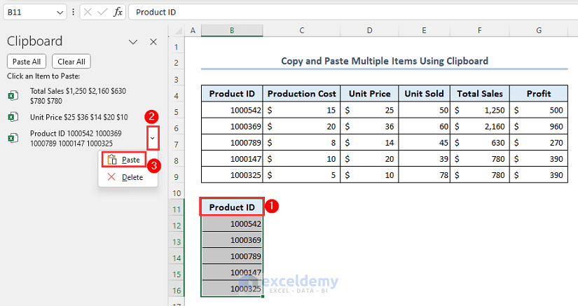 Pasting Product ID column