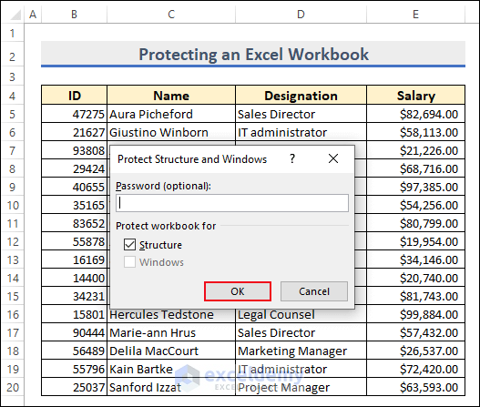 9-Press OK option to protect an Excel workbook