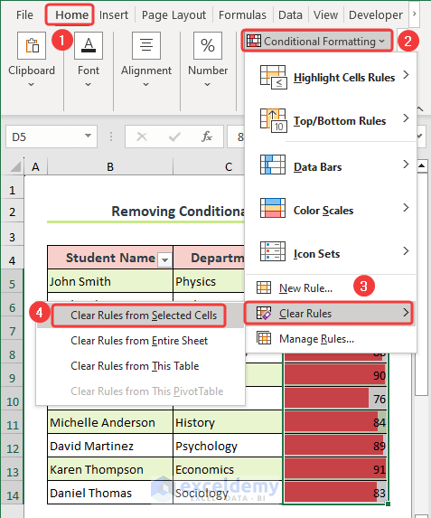Selecting Clear Rules to clear conditional formatting from the chosen cells