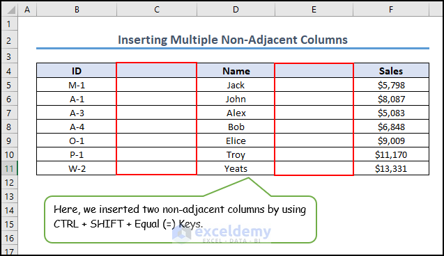 9-  inserting multiple non-adjacent columns by using keyboard shortcut in Excel