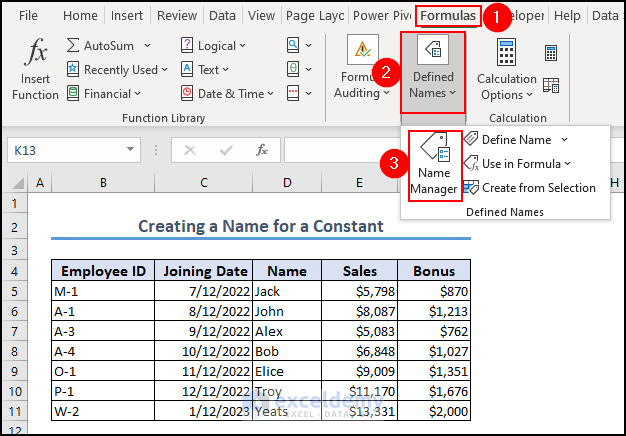 9- selecting name manager from defined names drop-down to create a name for a constant