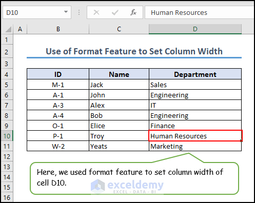 9- using Excel format feature to set column width numerically