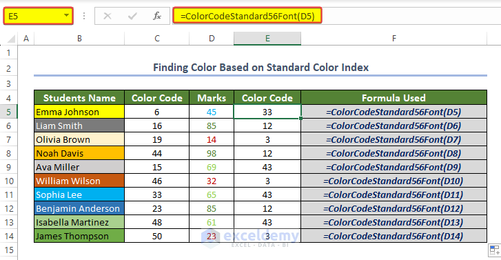 Getting the font color code index in standard format