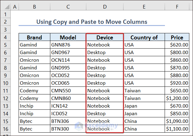 Move Column with Copy and Paste