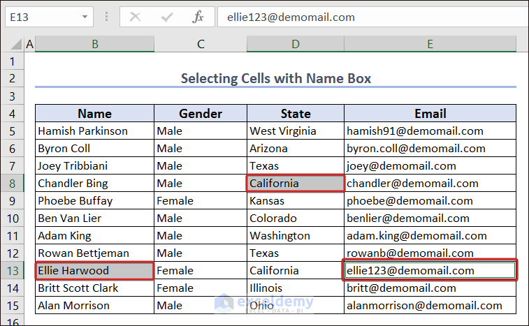 Output of Selecting Cells with Name Box