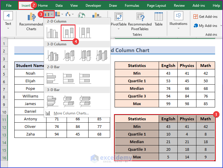 Select range of cells and choose Stacked Column chart