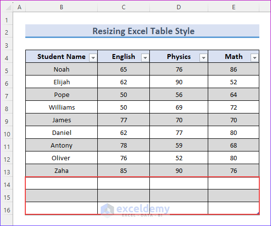 Resizing Excel Table Style