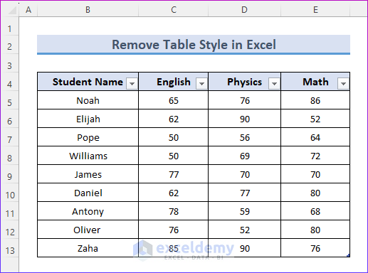 Remove Table Style in Excel
