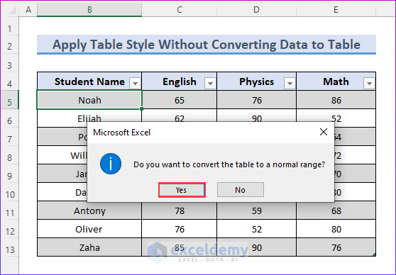 How to Apply Table Style Without Converting Data to Table in Excel