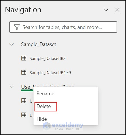 Delete sheet using Navigation pane