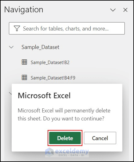 Microsoft Excel confirmation prompt