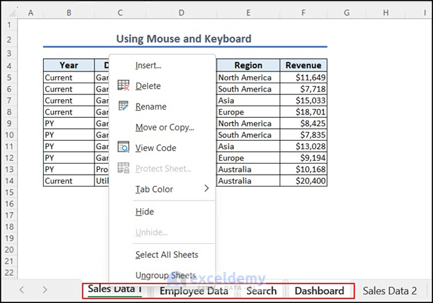 Using mouse and keyboard to delete adjacent sheets