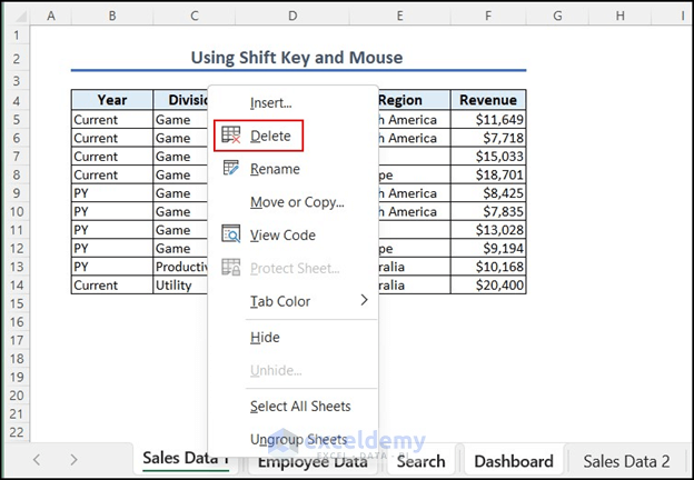 Deleting multiple adjacent sheets in Excel