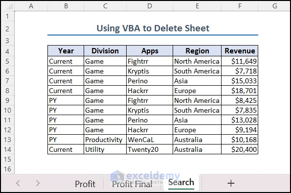 Output of using VBA code to delete sheet by name