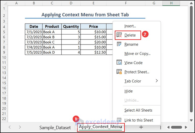 Context menu of right-click on any sheet of Excel