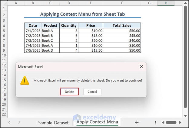 Confirmation prompt of deleting sheet in Excel
