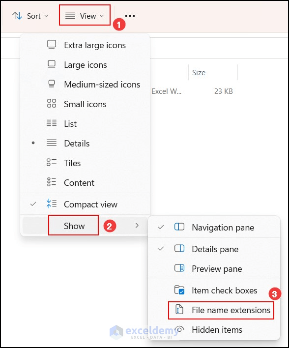 Showing the File name extensions of an Excel file