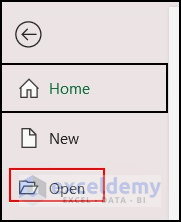 Open option in Excel app