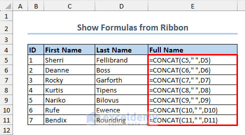 Formulas Shown in the Data Table