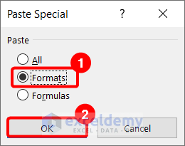 Selecting Formats option from paste special options