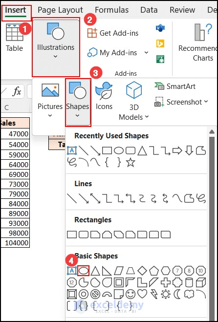 Inserting shapes from Illustrations in Excel