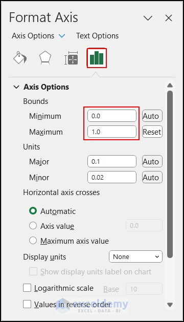 Setting Minimum and Maximum bounds in Format Axis pane
