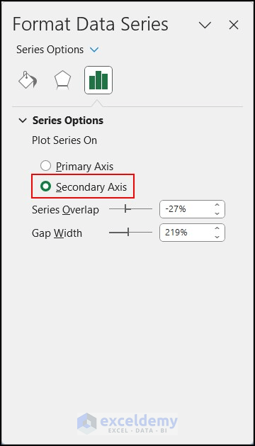 Selecting Secondary Axis in Format Data Series pane