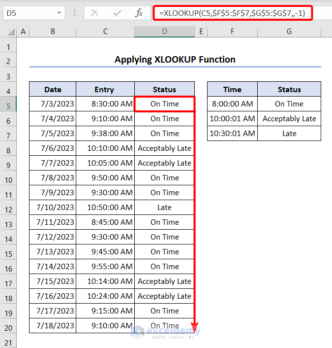 Finding If Time Is Between Two Range Using XLOOKUP Function