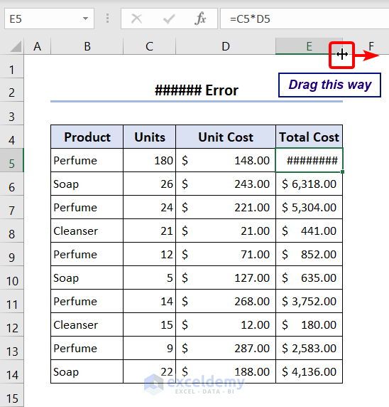 drag the handle to increase the width of column