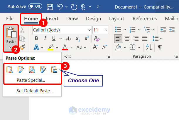 pasting in word document