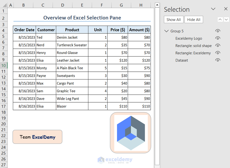 An overview image of the Excel selection pane